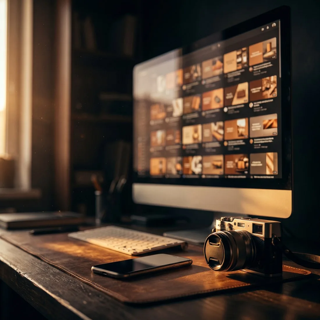 Monitor mit einem Raster vieler Varianten derselben Anzeige, davor Smartphone und Kamera, Produktion von KI-Creatives